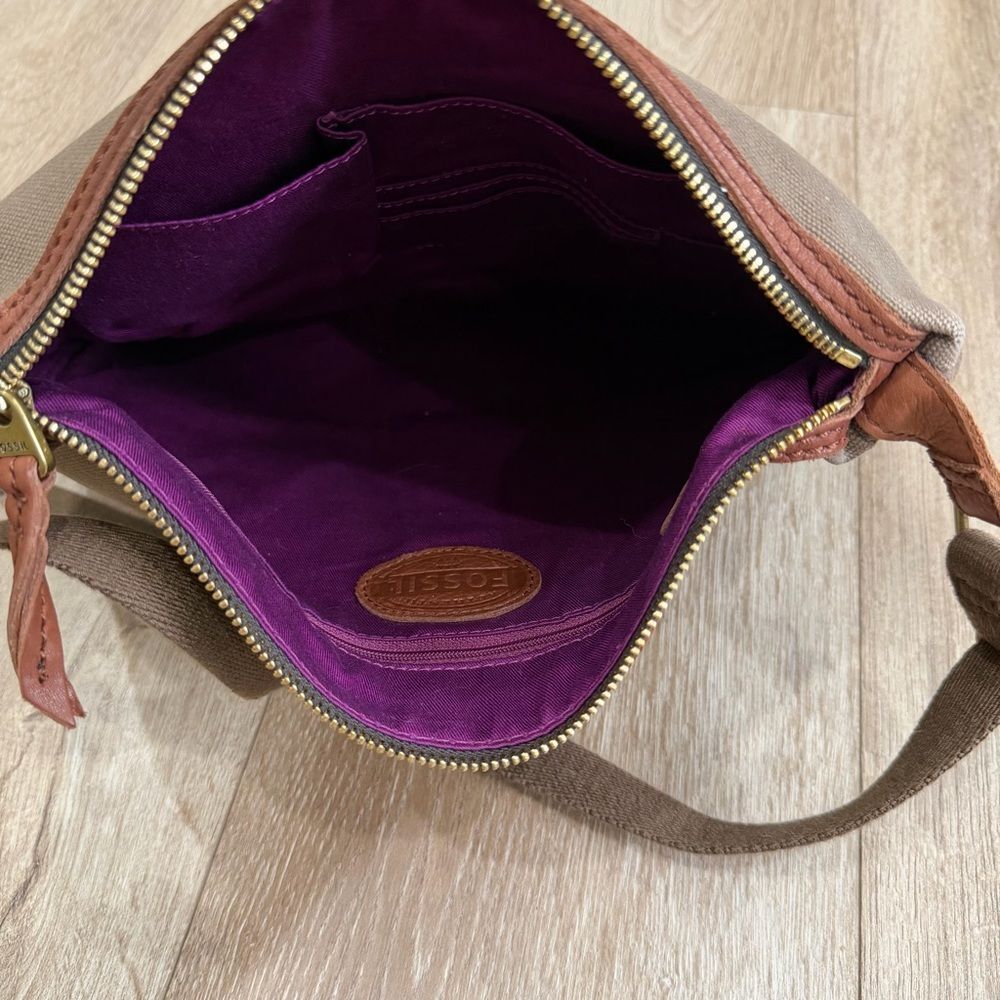 Fossil Erin Canvas and Leather Top Zip Crossbody Handbag Adjustable Pink Brown - Picture 6 of 15